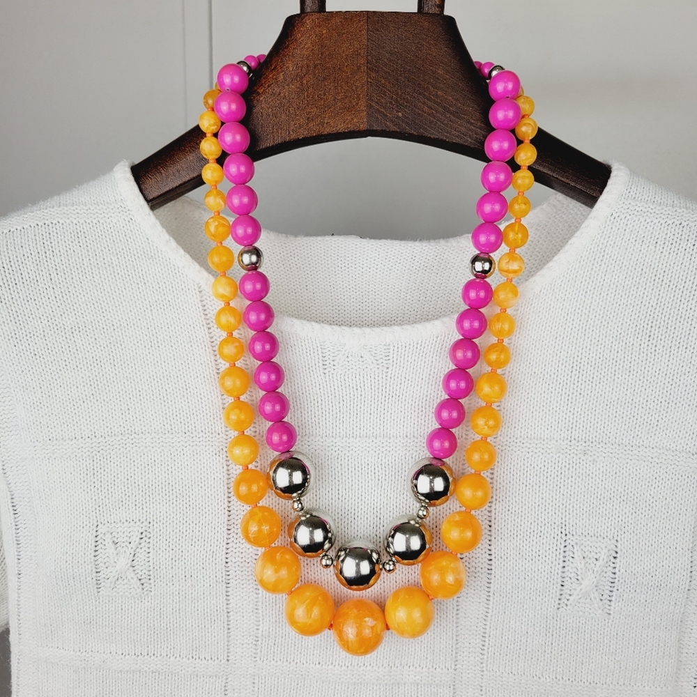 Vintage Pink and Orange Chunky Retro Beaded Necklaces Set Of 2